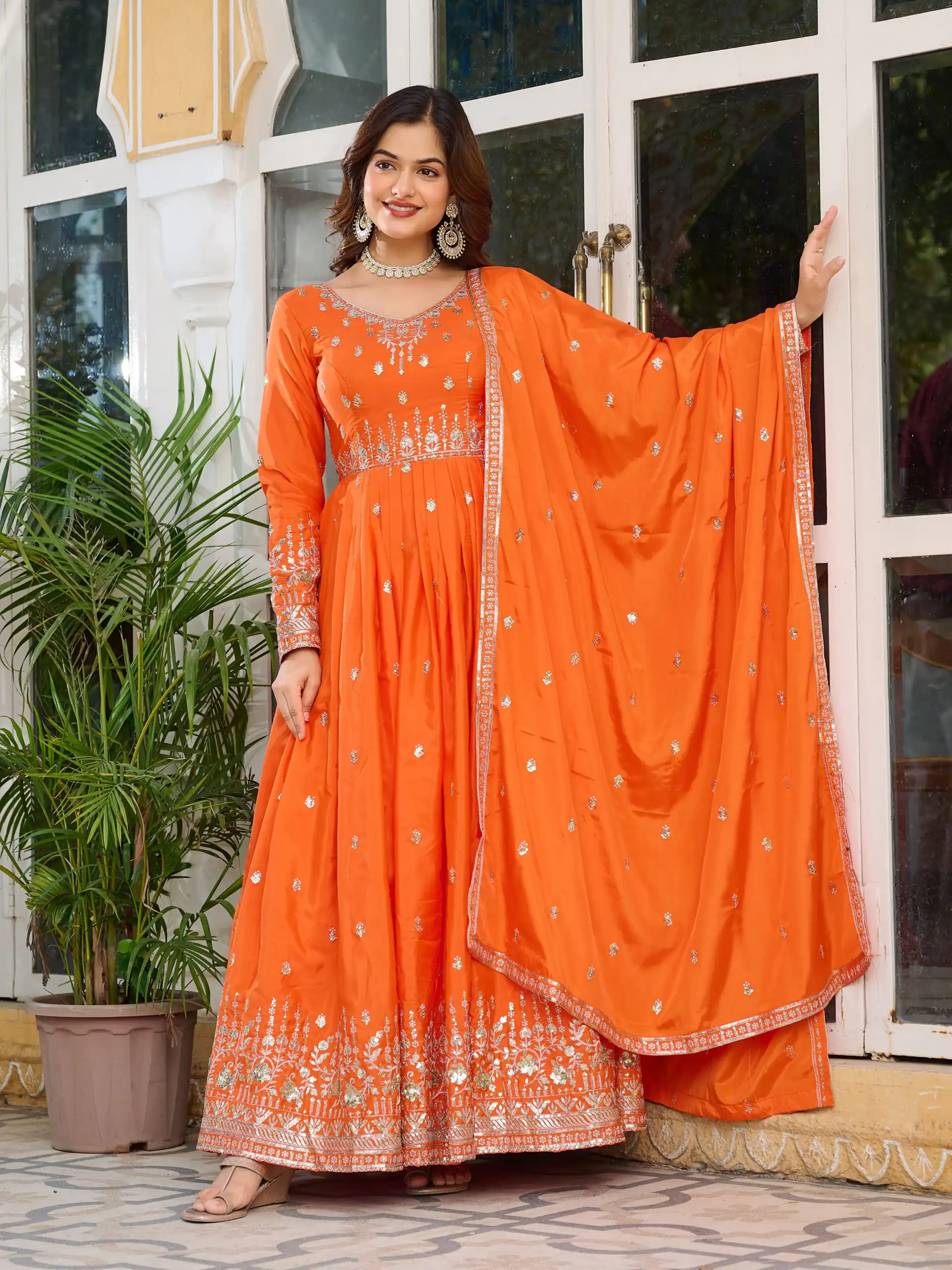 SP 12 Orange in American Silk Sequins Work & Thread Embroidery Gown . Introductory Price ₹2399. Delivery 4-6 Working Days. Shop now. | Gowns, Bollywood Gowns, Creative Gowns, Designer Gowns, Embroidered Gowns, Party Wear Gowns