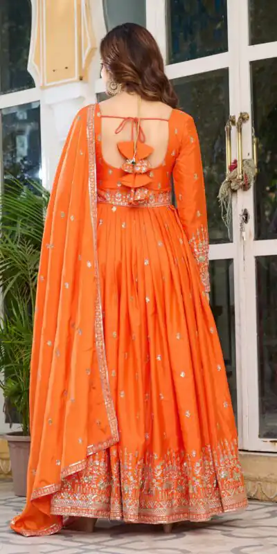 SP 12 Orange in American Silk Sequins Work & Thread Embroidery Gown . Introductory Price ₹2399. Delivery 4-6 Working Days. Shop now. | Gowns, Bollywood Gowns, Creative Gowns, Designer Gowns, Embroidered Gowns, Party Wear Gowns