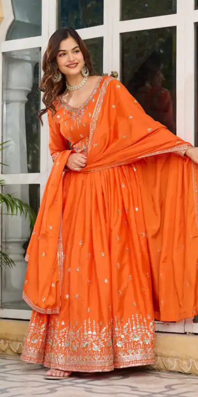 SP 12 Orange in American Silk Sequins Work & Thread Embroidery Gown . Introductory Price ₹2399. Delivery 4-6 Working Days. Shop now. | Gowns, Bollywood Gowns, Creative Gowns, Designer Gowns, Embroidered Gowns, Party Wear Gowns