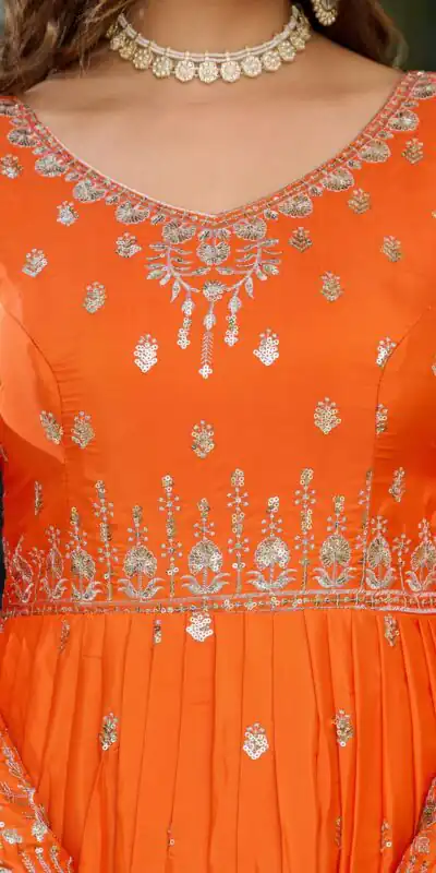SP 12 Orange in American Silk Sequins Work & Thread Embroidery Gown . Introductory Price ₹2399. Delivery 4-6 Working Days. Shop now. | Gowns, Bollywood Gowns, Creative Gowns, Designer Gowns, Embroidered Gowns, Party Wear Gowns