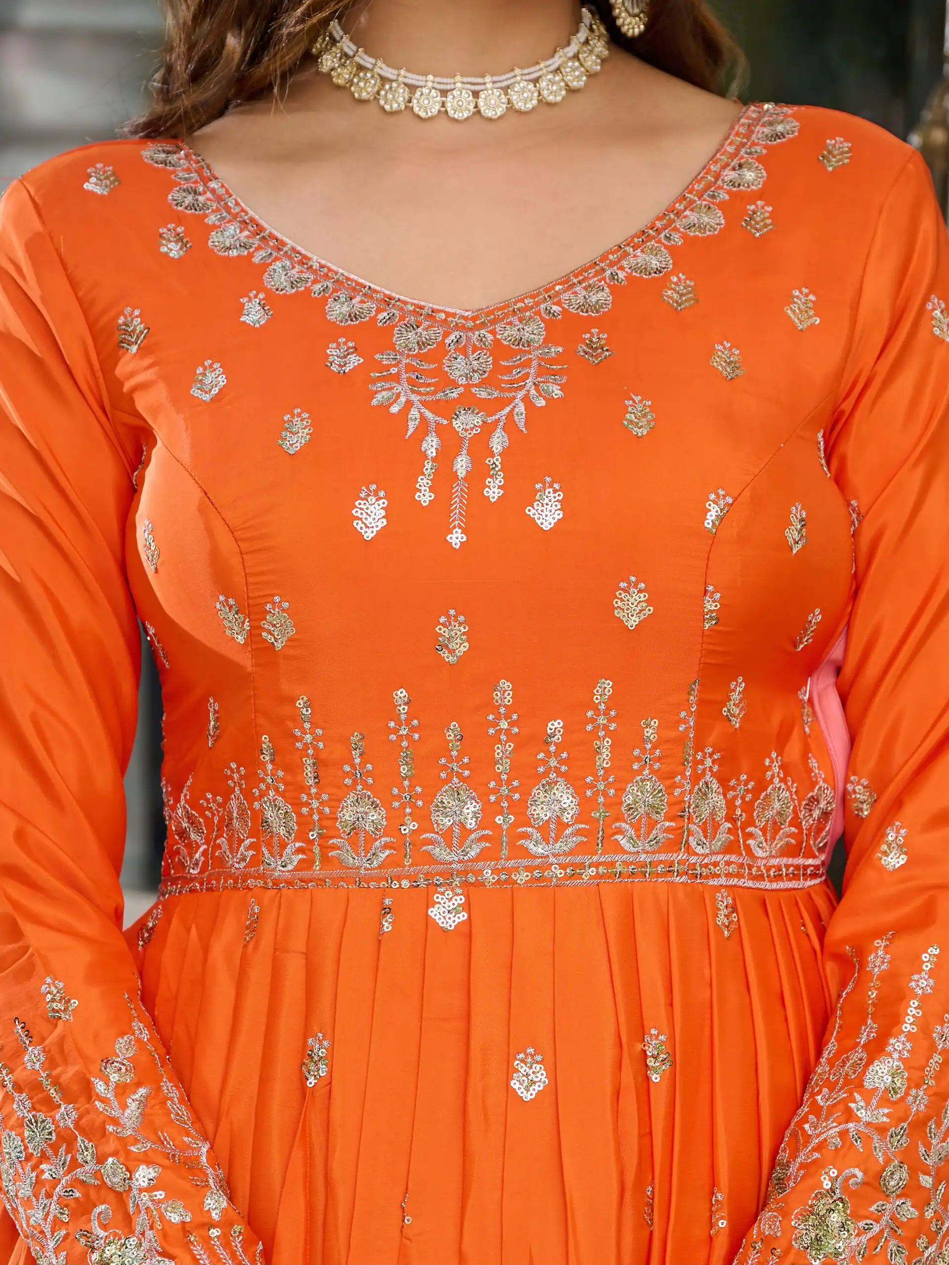 SP 12 Orange in American Silk Sequins Work & Thread Embroidery Gown . Introductory Price ₹2399. Delivery 4-6 Working Days. Shop now. | Gowns, Bollywood Gowns, Creative Gowns, Designer Gowns, Embroidered Gowns, Party Wear Gowns