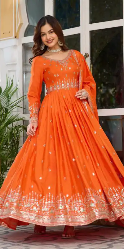 SP 12 Orange in American Silk Sequins Work & Thread Embroidery Gown . Introductory Price ₹2399. Delivery 4-6 Working Days. Shop now. | Gowns, Bollywood Gowns, Creative Gowns, Designer Gowns, Embroidered Gowns, Party Wear Gowns