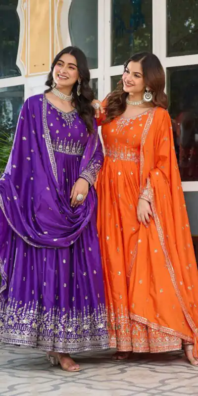 SP 12 Orange in American Silk Sequins Work & Thread Embroidery Gown . Introductory Price ₹2399. Delivery 4-6 Working Days. Shop now. | Gowns, Bollywood Gowns, Creative Gowns, Designer Gowns, Embroidered Gowns, Party Wear Gowns