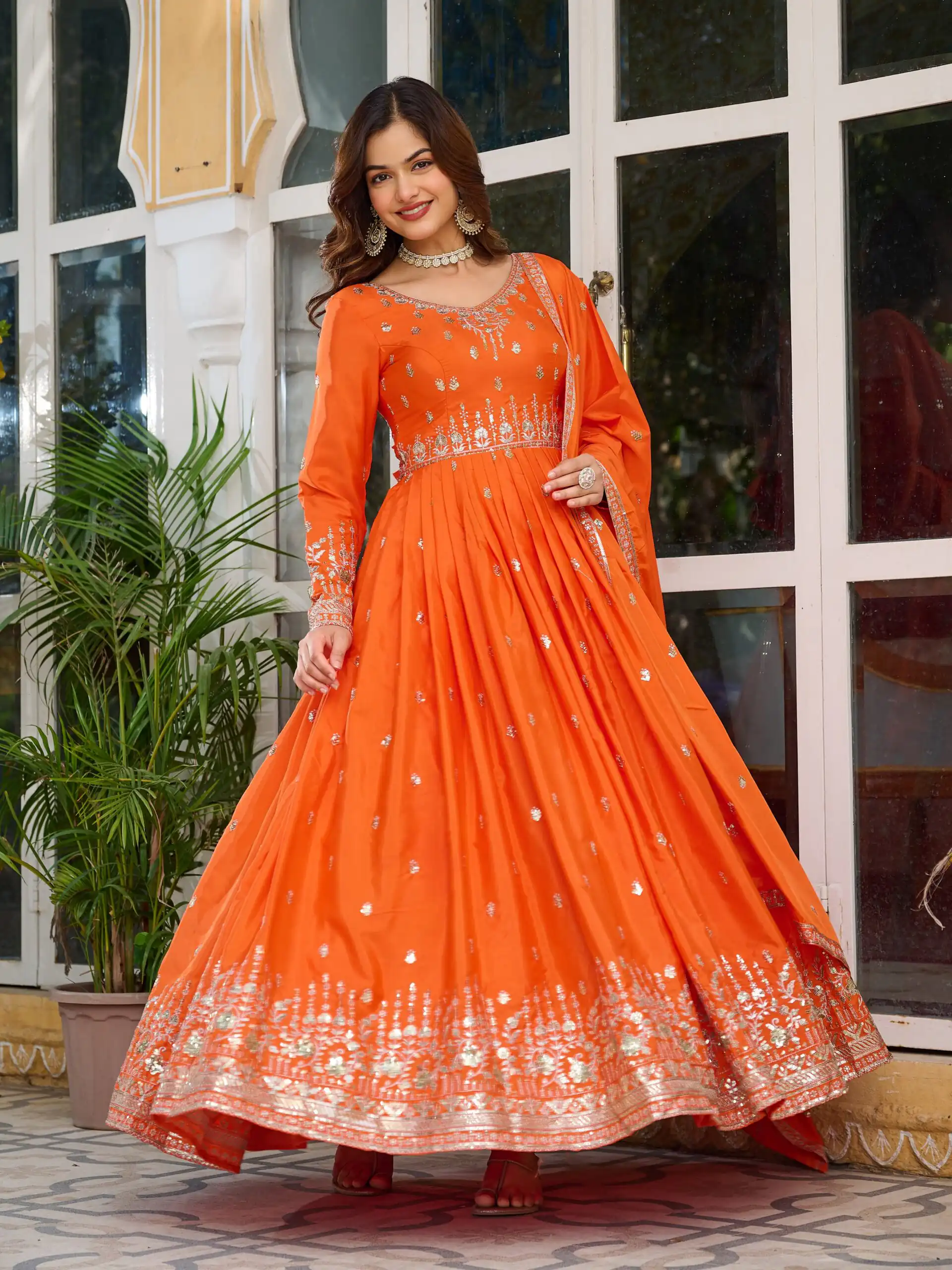 SP 12 Orange in American Silk Sequins Work & Thread Embroidery Gown . Introductory Price ₹2399. Delivery 4-6 Working Days. Shop now. | Gowns, Bollywood Gowns, Creative Gowns, Designer Gowns, Embroidered Gowns, Party Wear Gowns