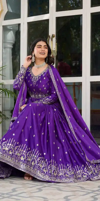 SP 12 Purple in American Silk Sequins Work & Thread Embroidery Gown . Introductory Price ₹2399. Delivery 4-6 Working Days. Shop now. | Gowns, Bollywood Gowns, Creative Gowns, Designer Gowns, Embroidered Gowns, Party Wear Gowns