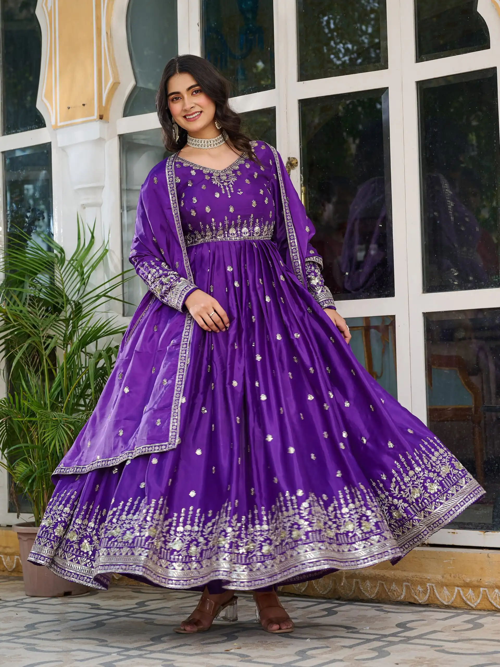 SP 12 Purple in American Silk Sequins Work & Thread Embroidery Gown . Introductory Price ₹2399. Delivery 4-6 Working Days. Shop now. | Gowns, Bollywood Gowns, Creative Gowns, Designer Gowns, Embroidered Gowns, Party Wear Gowns