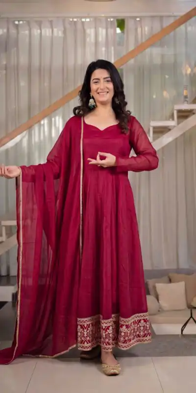 ND 5069 Red | Red Crunchy Silk Salwar Suit with Embroidery Work & Sequins Work. Festive Deal ₹2149. Delivery 4-6 Working Days. Shop now. | Anarkali Suits, Bollywood Anarkali, Creative-Anarkali, Designer Anarkali, Embroidered Anarkali, Party Wear Anarkali
