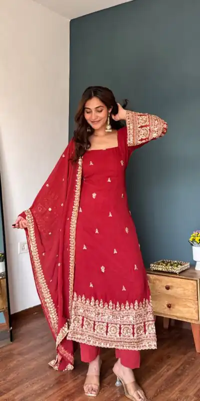 KD 1548 Red | Red Faux Georgette Salwar Suit with Lace Work & Lace Border. Festive Deal ₹2049. Delivery 4-6 Working Days. Shop now. | Jump Suits, Salwar suit, Casual Suits, Creative suits, Designer Suits, Palazzo Suits, Party Wear Suits, Patiala Suits, Straight Suits