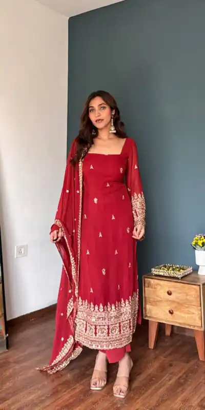 KD 1548 Red | Red Faux Georgette Salwar Suit with Lace Work & Lace Border. Festive Deal ₹2049. Delivery 4-6 Working Days. Shop now. | Jump Suits, Salwar suit, Casual Suits, Creative suits, Designer Suits, Palazzo Suits, Party Wear Suits, Patiala Suits, Straight Suits