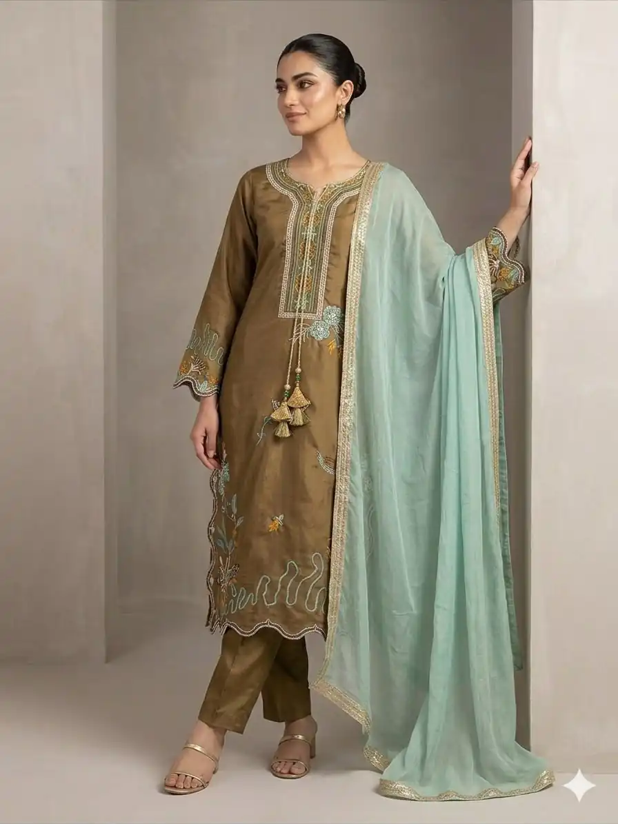 LG 2120 Brown | Brown Glass Roman Salwar Suit with Embroidery Work. Introductory Price ₹1999. Delivery 4-6 Working Days. Shop now. | Jump Suits, Salwar suit, Casual Suits, Creative suits, Designer Suits, Palazzo Suits, Party Wear Suits, Patiala Suits, Straight Suits
