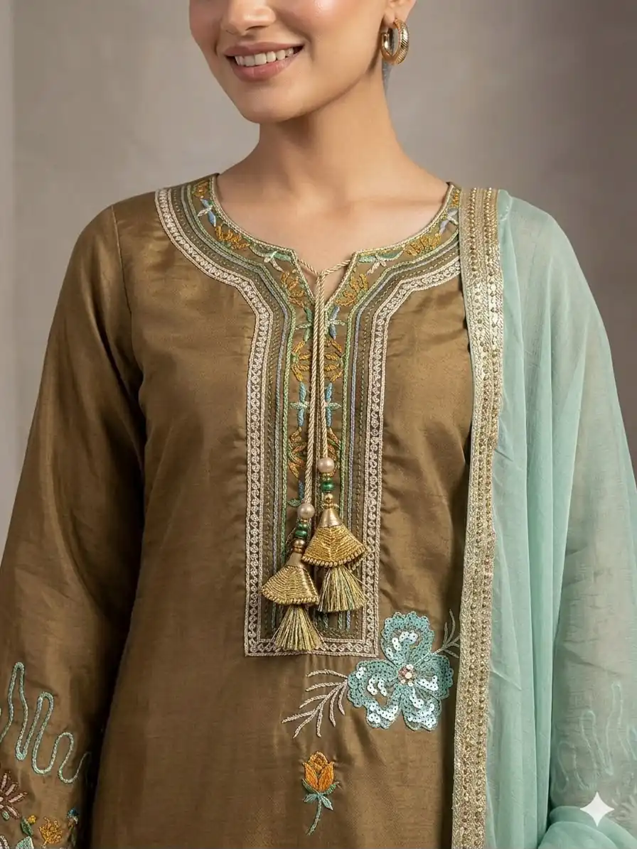 LG 2120 Brown | Brown Glass Roman Salwar Suit with Embroidery Work. Introductory Price ₹1999. Delivery 4-6 Working Days. Shop now. | Jump Suits, Salwar suit, Casual Suits, Creative suits, Designer Suits, Palazzo Suits, Party Wear Suits, Patiala Suits, Straight Suits