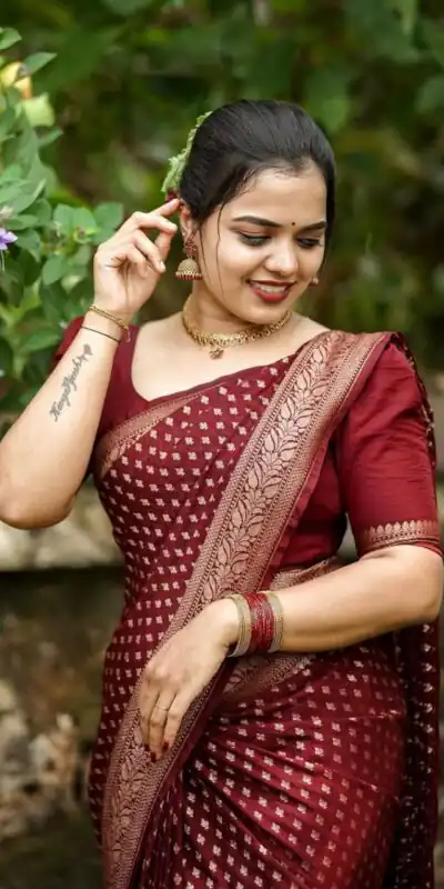 KPR 264 Maroon Soft Lichi Silk Saree with Lace Work & Lace Border. Introductory Price ₹1349. Delivery 4-6 Working Days. Shop now. | Designer Sarees, Modern Digital sarees, Sarees, Bollywood Sarees, Creative Sarees, Embroidered Sarees, Ethnic Saree, Party Wear Sarees