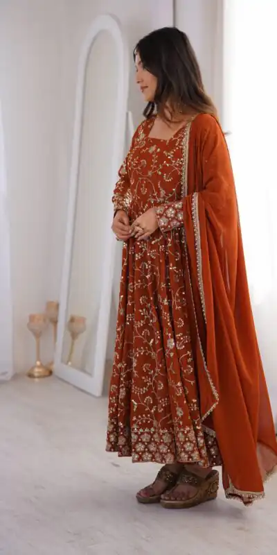 ZF 5024 Rust Fox Perfect for Wedding, Party, Durga Puja, Diwali, Anniversary –Georgette Gown. Now at just ₹2399. Delivery 4-6 Working Days. Shop now. | Gowns, Bollywood Gowns, Creative Gowns, Designer Gowns, Embroidered Gowns, Party Wear Gowns