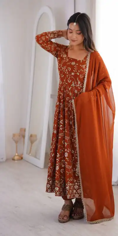 ZF 5024 Rust Fox Perfect for Wedding, Party, Durga Puja, Diwali, Anniversary –Georgette Gown. Now at just ₹2399. Delivery 4-6 Working Days. Shop now. | Gowns, Bollywood Gowns, Creative Gowns, Designer Gowns, Embroidered Gowns, Party Wear Gowns