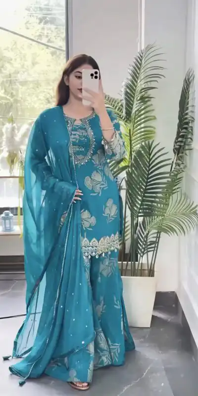 NSR 900 Sky Blue Faux Georgette Salwar Suit with Sequins Work & Embroidery Work. Now at just ₹2150. Delivery 4-6 Working Days. Shop now. | Jump Suits, Salwar suit, Casual Suits, Creative suits, Designer Suits, Palazzo Suits, Party Wear Suits, Patiala Suits