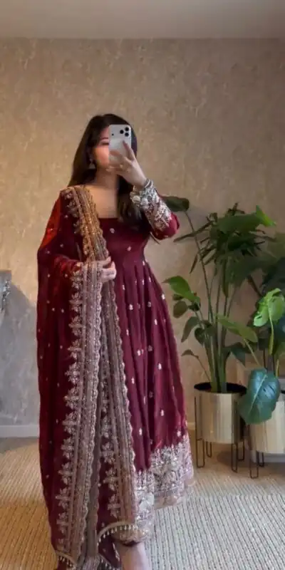 JF 033 Maroon in Maroon Georgette Sequins Work & Embroidery Work Gown . Introductory Price ₹2099. Delivery 4-6 Working Days. Shop now. | Gowns, Bollywood Gowns, Creative Gowns, Designer Gowns, Embroidered Gowns, Party Wear Gowns