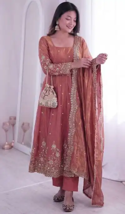 ZB 5073 Peach Fendy Silk Gown Perfect for Wedding, Party, Baisakhi, Traditional Day, Makar Sankranti – Introductory Price ₹2049. Delivery 4-6 Working Days. | Gowns, Bollywood Gowns, Creative Gowns, Designer Gowns, Embroidered Gowns, Party Wear Gowns