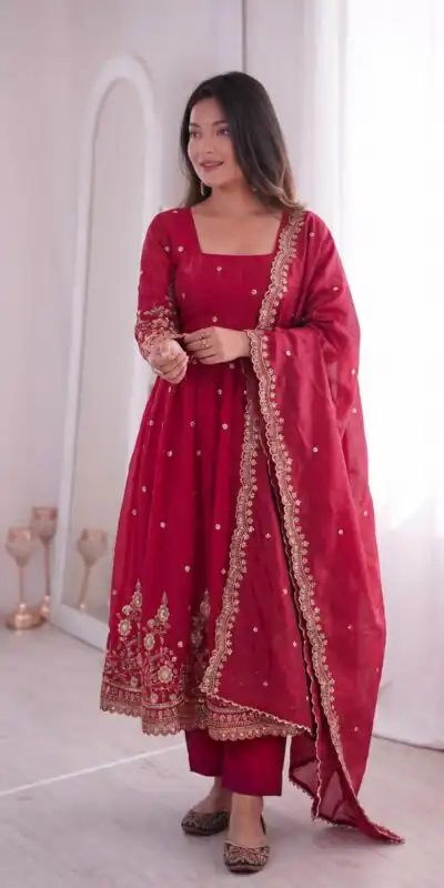 ZB 5073 Red Fendy Silk Gown Perfect for Wedding, Party, Baisakhi, Traditional Day, Makar Sankranti – . Introductory Price ₹2049. Delivery 4-6 Working Days. | Gowns, Bollywood Gowns, Creative Gowns, Designer Gowns, Embroidered Gowns, Party Wear Gowns