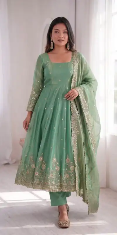 ZB 5073 Sea Green Fendy Silk Gown Perfect for Wedding, Party, Traditional, Makar Sankranti – . Introductory Price ₹2049. Delivery 4-6 Working Days. | Gowns, Bollywood Gowns, Creative Gowns, Designer Gowns, Embroidered Gowns, Party Wear Gowns