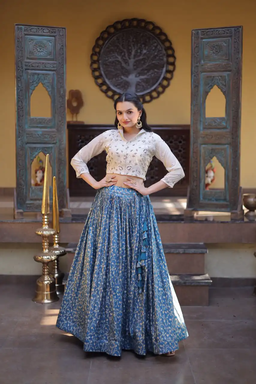 KA 5070 Teal | Cosmos Lehenga Choli with Embroidery Work & Bead Work. Available at ₹2599 only. Delivery 4-6 Working Days. Shop now. | Lehenga, Bollywood Lehenga, Creative Lehenga, Designer Lehenga, Embroidered Lehenga, Party Wear Lehenga