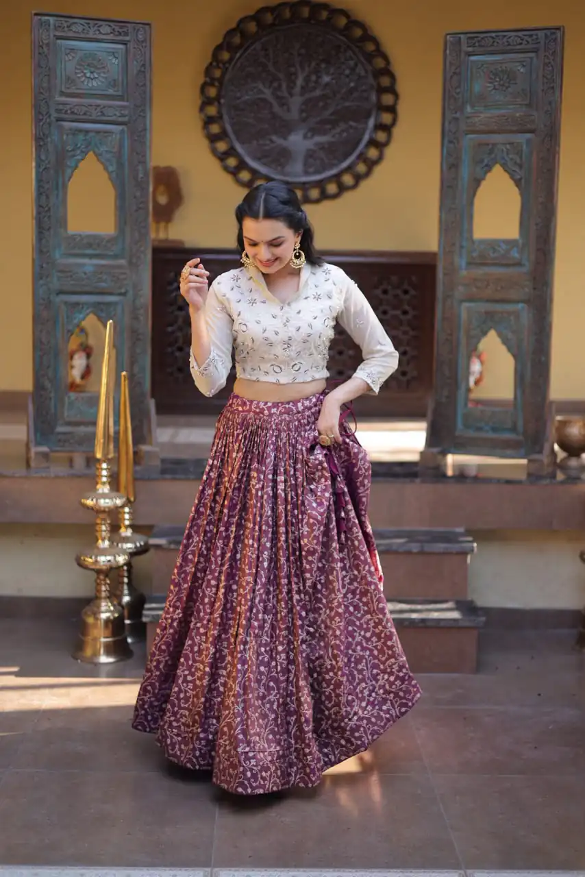 KA 5070 Wine | Cosmos Lehenga Choli with Embroidery Work & Bead Work. Available at ₹2599 only. Delivery 4-6 Working Days. Shop now. | Lehenga, Bollywood Lehenga, Creative Lehenga, Designer Lehenga, Embroidered Lehenga, Party Wear Lehenga