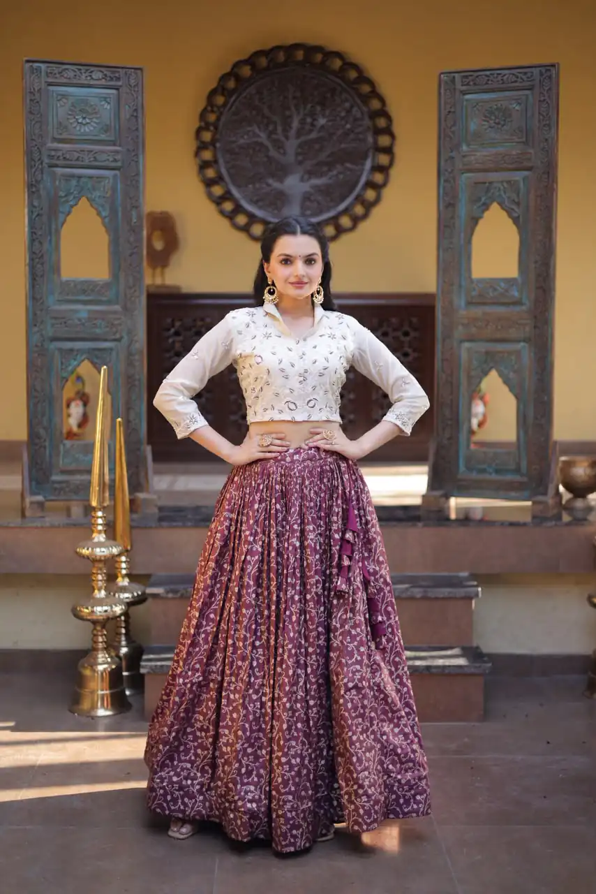 KA 5070 Wine | Cosmos Lehenga Choli with Embroidery Work & Bead Work. Available at ₹2599 only. Delivery 4-6 Working Days. Shop now. | Lehenga, Bollywood Lehenga, Creative Lehenga, Designer Lehenga, Embroidered Lehenga, Party Wear Lehenga