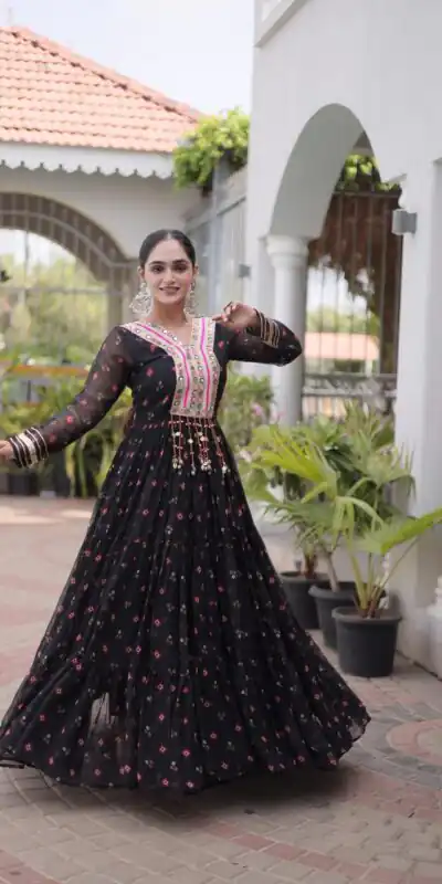 KA 1265 Black Color Faux Georgette Gown with Mirror Work. Wedding, Party, Festive, Events Get it for ₹1819. Delivery 4-6 Working Days.Online Shop now. | Gowns, Bollywood Gowns, Creative Gowns, Designer Gowns, Embroidered Gowns, Party Wear Gowns
