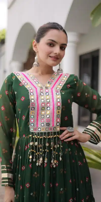KA 1265 Green Color Faux Georgette Gown with Mirror Work. Wedding, Party, Festive, Events Get it for ₹1819. Delivery 4-6 Working Days.Online Shop now. | Gowns, Bollywood Gowns, Creative Gowns, Designer Gowns, Embroidered Gowns, Party Wear Gowns