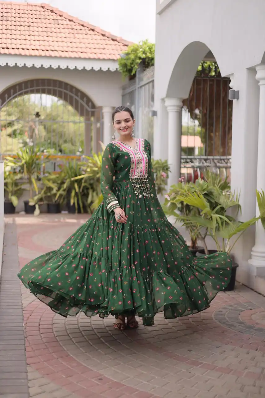 KA 1265 Green Color Faux Georgette Gown with Mirror Work. Wedding, Party, Festive, Events Get it for ₹1819. Delivery 4-6 Working Days.Online Shop now. | Gowns, Bollywood Gowns, Creative Gowns, Designer Gowns, Embroidered Gowns, Party Wear Gowns
