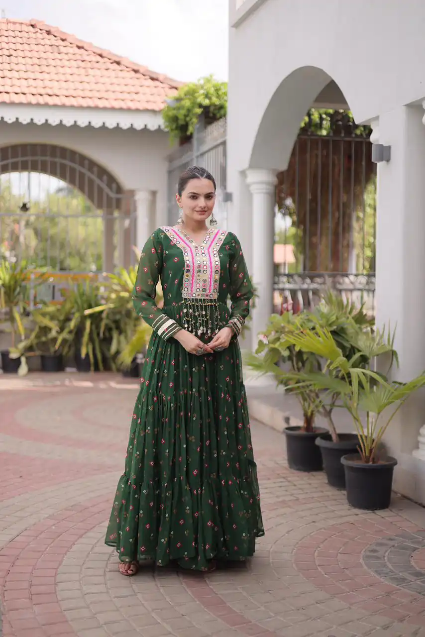KA 1265 Green Color Faux Georgette Gown with Mirror Work. Wedding, Party, Festive, Events Get it for ₹1819. Delivery 4-6 Working Days.Online Shop now. | Gowns, Bollywood Gowns, Creative Gowns, Designer Gowns, Embroidered Gowns, Party Wear Gowns