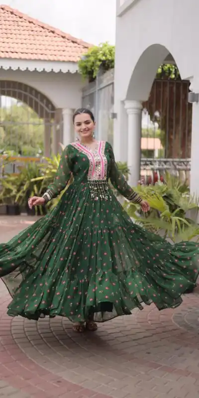 KA 1265 Green Color Faux Georgette Gown with Mirror Work. Wedding, Party, Festive, Events Get it for ₹1819. Delivery 4-6 Working Days.Online Shop now. | Gowns, Bollywood Gowns, Creative Gowns, Designer Gowns, Embroidered Gowns, Party Wear Gowns