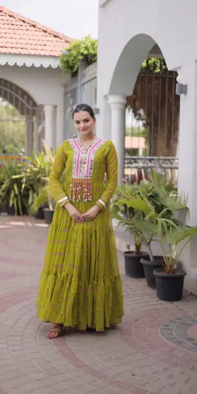 KA 1265 Lime Yellow Color Faux Georgette Gown with Mirror Work. Wedding, Party, Festive, Events Get it for ₹1819. Delivery 4-6 Working Days.Online Shop now. | Gowns, Bollywood Gowns, Creative Gowns, Designer Gowns, Embroidered Gowns, Party Wear Gowns