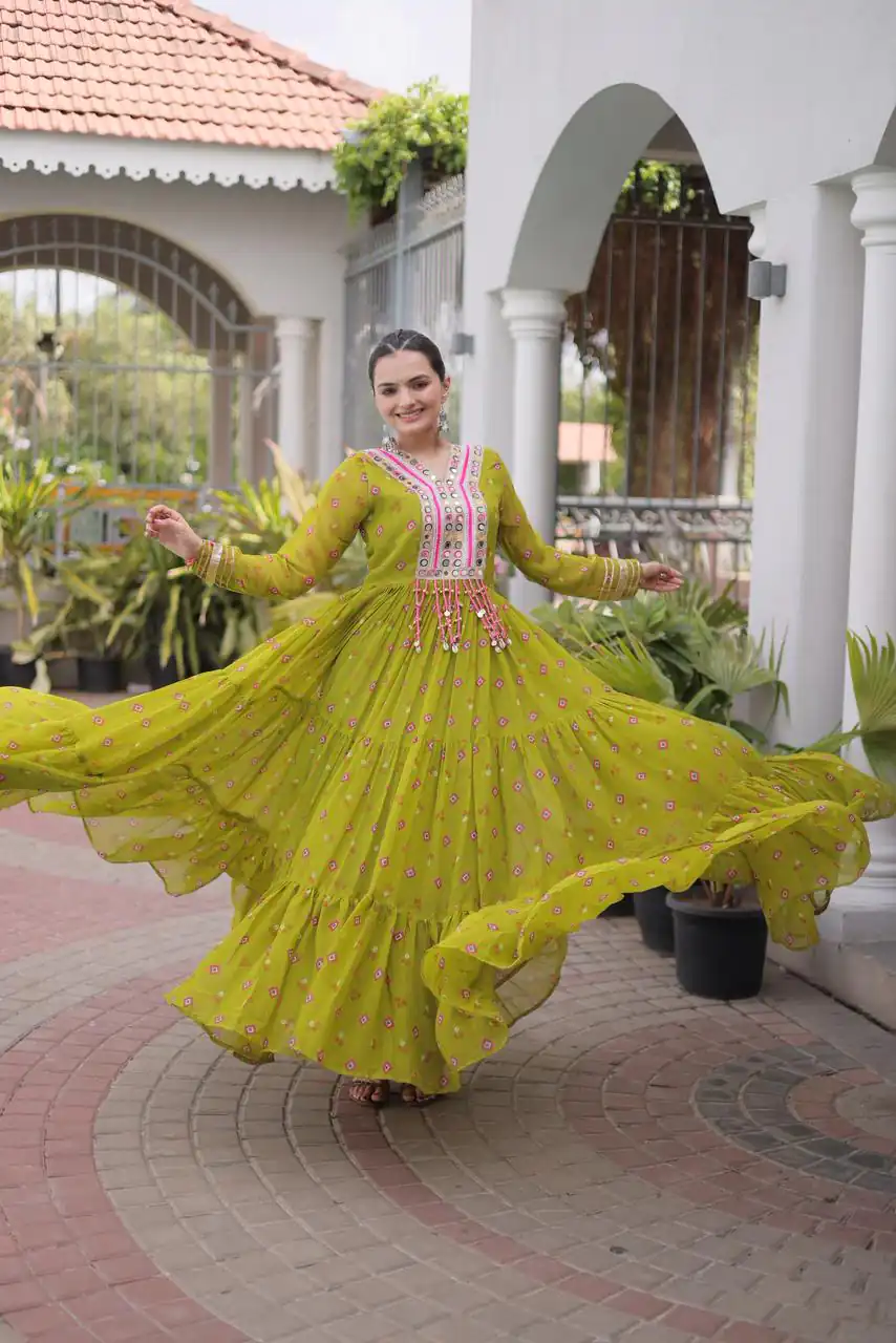 KA 1265 Lime Yellow Color Faux Georgette Gown with Mirror Work. Wedding, Party, Festive, Events Get it for ₹1819. Delivery 4-6 Working Days.Online Shop now. | Gowns, Bollywood Gowns, Creative Gowns, Designer Gowns, Embroidered Gowns, Party Wear Gowns