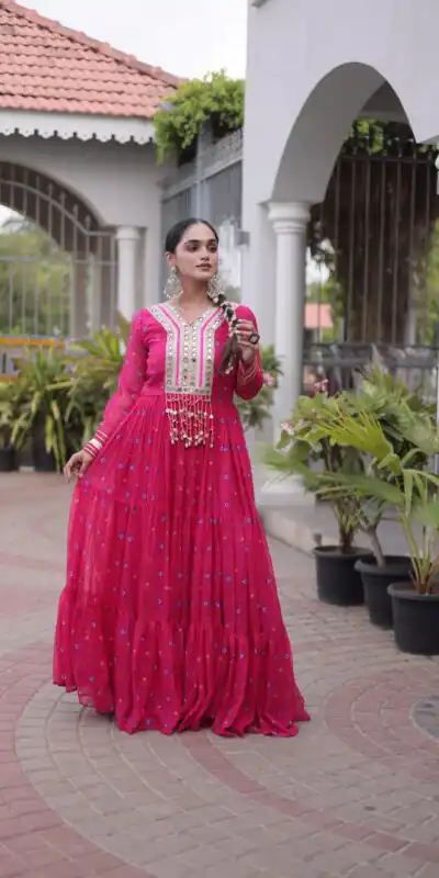 KA 1265 Pink Color Faux Georgette Gown with Mirror Work. Wedding, Party, Festive, Events Get it for ₹1819. Delivery 4-6 Working Days.Online Shop now. | Gowns, Bollywood Gowns, Creative Gowns, Designer Gowns, Embroidered Gowns, Party Wear Gowns