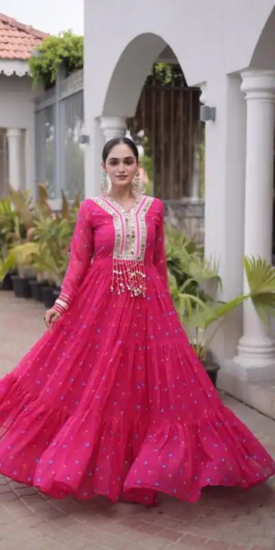 KA 1265 Pink Color Faux Georgette Gown with Mirror Work. Wedding, Party, Festive, Events Get it for ₹1819. Delivery 4-6 Working Days.Online Shop now. | Gowns, Bollywood Gowns, Creative Gowns, Designer Gowns, Embroidered Gowns, Party Wear Gowns
