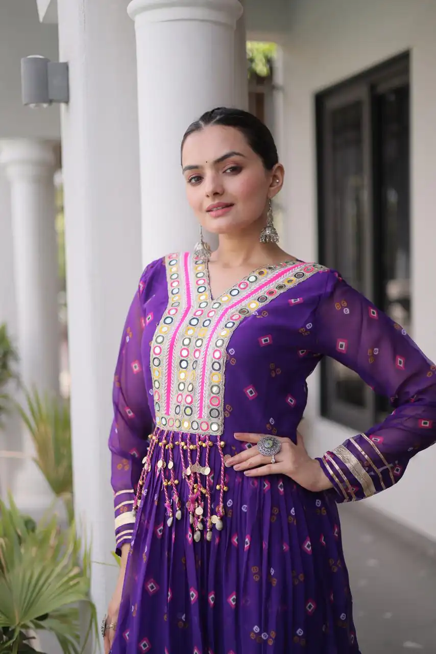 KA 1265 Purple Color Faux Georgette Gown with Mirror Work. Wedding, Party, Festive, Events Get it for ₹1819. Delivery 4-6 Working Days.Online Shop now. | Gowns, Bollywood Gowns, Creative Gowns, Designer Gowns, Embroidered Gowns, Party Wear Gowns