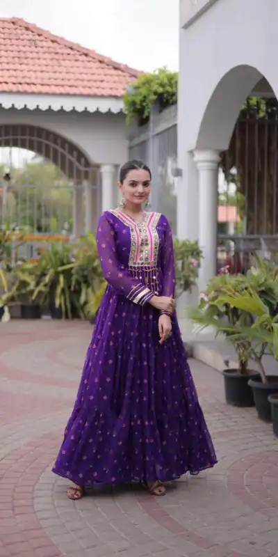 KA 1265 Purple Color Faux Georgette Gown with Mirror Work. Wedding, Party, Festive, Events Get it for ₹1819. Delivery 4-6 Working Days.Online Shop now. | Gowns, Bollywood Gowns, Creative Gowns, Designer Gowns, Embroidered Gowns, Party Wear Gowns