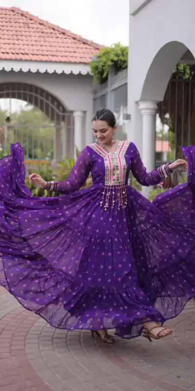 KA 1265 Purple Color Faux Georgette Gown with Mirror Work. Wedding, Party, Festive, Events Get it for ₹1819. Delivery 4-6 Working Days.Online Shop now. | Gowns, Bollywood Gowns, Creative Gowns, Designer Gowns, Embroidered Gowns, Party Wear Gowns