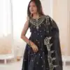 JF 038 Black Roman Silk Gown with Embroidery Work. Wedding, Party, Festive, Events, Navratri, Exclusive Offer ₹2149. Delivery 4-6 Working Days. Shop now. | Gowns, Bollywood Gowns, Creative Gowns, Designer Gowns, Embroidered Gowns, Party Wear Gowns