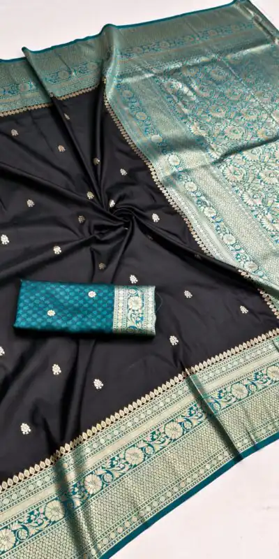 MB 6079 Black Soft Banarasi Silk Saree with Zari Work & Moti Work. Introductory Price ₹1949. Delivery 4-6 Working Days. Shop now. | Designer Sarees, Modern Digital sarees, Sarees, Bollywood Sarees, Creative Sarees, Embroidered Sarees, Ethnic Saree, Party Wear Sarees