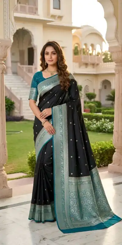 MB 6079 Black Soft Banarasi Silk Saree with Zari Work & Moti Work. Introductory Price ₹1949. Delivery 4-6 Working Days. Shop now. | Designer Sarees, Modern Digital sarees, Sarees, Bollywood Sarees, Creative Sarees, Embroidered Sarees, Ethnic Saree, Party Wear Sarees