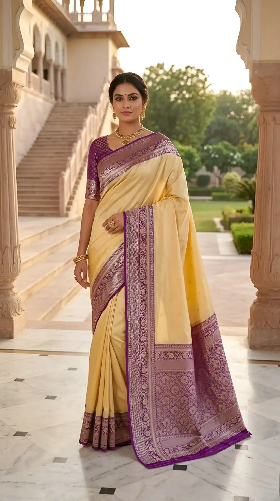 MB 6079 Cream Soft Banarasi Silk Saree with Zari Work & Moti Work. Introductory Price ₹1949. Delivery 4-6 Working Days. Shop now. | Designer Sarees, Modern Digital sarees, Sarees, Bollywood Sarees, Creative Sarees, Embroidered Sarees, Ethnic Saree, Party Wear Sarees