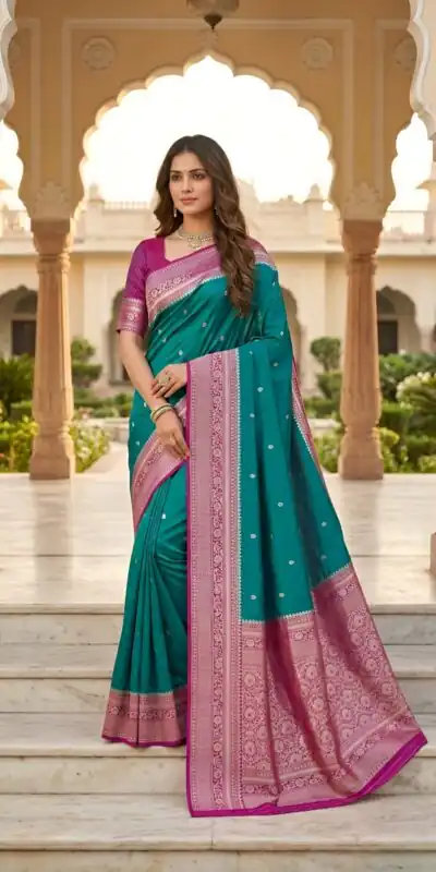 MB 6079 Firozi Soft Banarasi Silk Saree with Zari Work & Moti Work. Introductory Price ₹1949. Delivery 4-6 Working Days. Shop now. | Designer Sarees, Modern Digital sarees, Sarees, Bollywood Sarees, Creative Sarees, Embroidered Sarees, Ethnic Saree, Party Wear Sarees