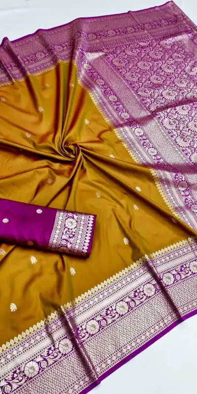 MB 6079 Mustered Soft Banarasi Silk Saree with Zari Work & Moti Work. Introductory Price ₹1949. Delivery 4-6 Working Days. Shop now. | Designer Sarees, Modern Digital sarees, Sarees, Bollywood Sarees, Creative Sarees, Embroidered Sarees, Ethnic Saree, Party Wear Sarees