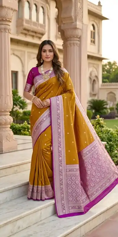 MB 6079 Mustered Soft Banarasi Silk Saree with Zari Work & Moti Work. Introductory Price ₹1949. Delivery 4-6 Working Days. Shop now. | Designer Sarees, Modern Digital sarees, Sarees, Bollywood Sarees, Creative Sarees, Embroidered Sarees, Ethnic Saree, Party Wear Sarees