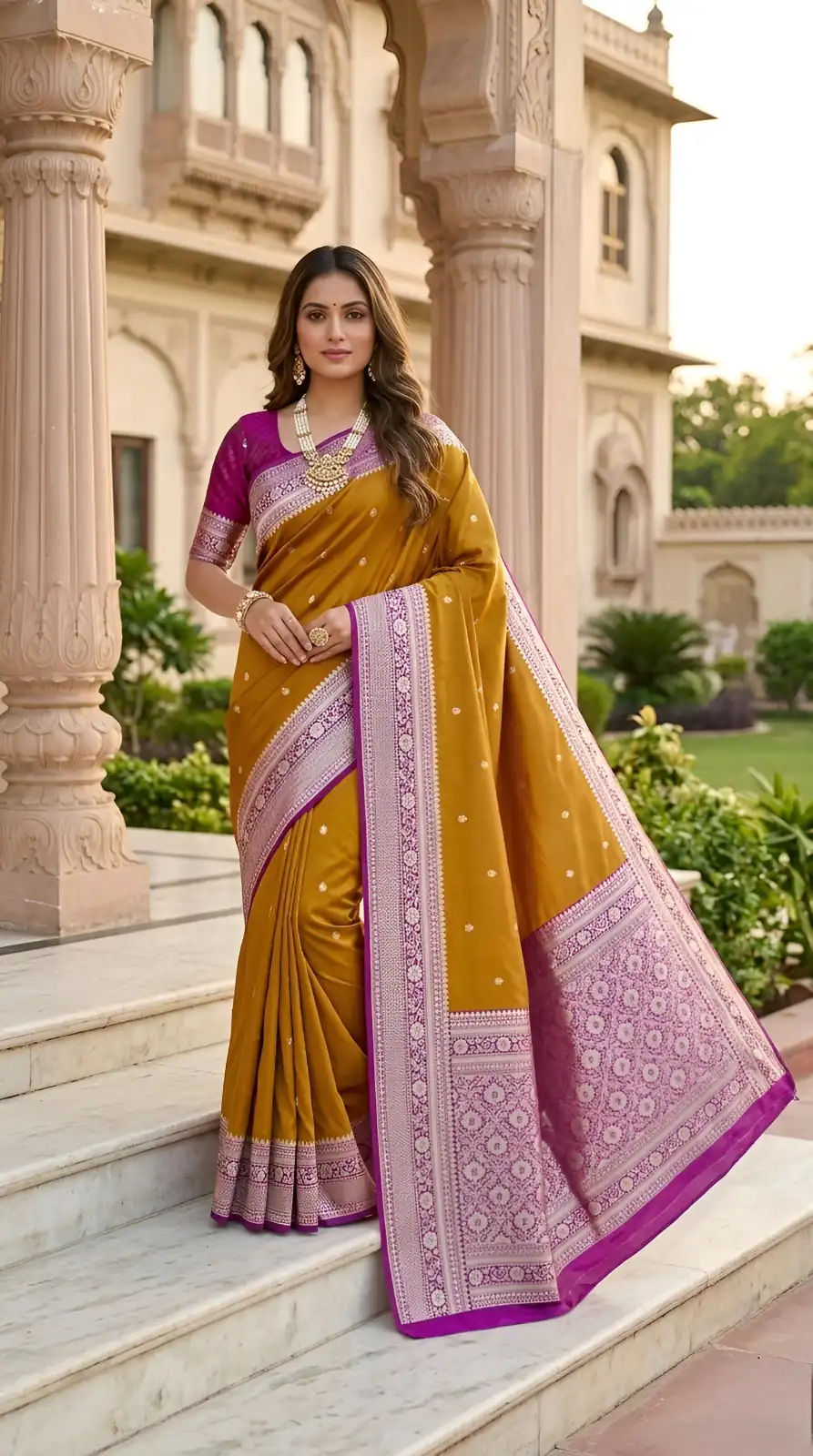 MB 6079 Mustered Soft Banarasi Silk Saree with Zari Work & Moti Work. Introductory Price ₹1949. Delivery 4-6 Working Days. Shop now. | Designer Sarees, Modern Digital sarees, Sarees, Bollywood Sarees, Creative Sarees, Embroidered Sarees, Ethnic Saree, Party Wear Sarees