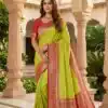 MB 6079 Parrot Green Soft Banarasi Silk Saree with Zari Work & Moti Work. Introductory Price ₹1949. Delivery 4-6 Working Days. Shop now. | Designer Sarees, Modern Digital sarees, Sarees, Bollywood Sarees, Creative Sarees, Embroidered Sarees, Ethnic Saree, Party Wear Sarees