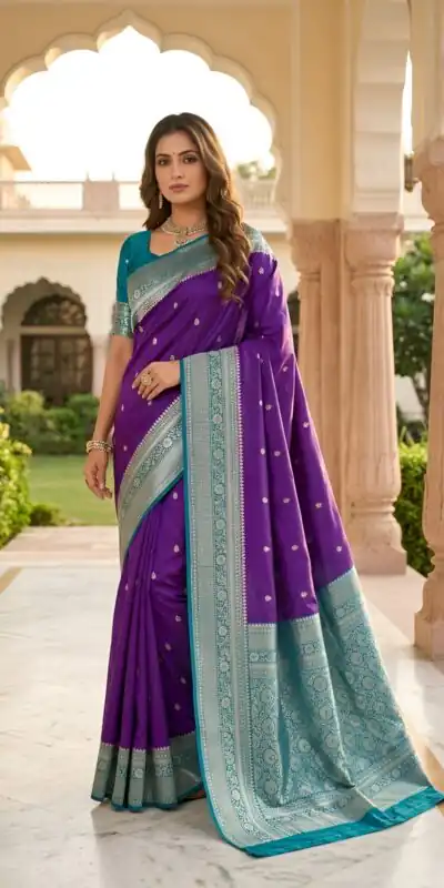 MB 6079 Purple Soft Banarasi Silk Saree with Zari Work & Moti Work. Introductory Price ₹1949. Delivery 4-6 Working Days. Shop now. | Designer Sarees, Modern Digital sarees, Sarees, Bollywood Sarees, Creative Sarees, Embroidered Sarees, Ethnic Saree, Party Wear Sarees
