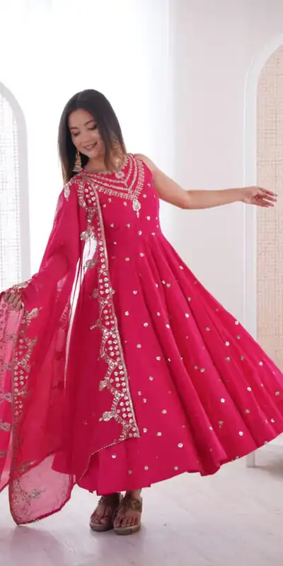 JF 038 Rani Pink Roman Silk Gown with Embroidery Work. Wedding, Party, Events, Navratri, Exclusive Offer ₹2149. Delivery 4-6 Working Days. Shop now. | Gowns, Bollywood Gowns, Creative Gowns, Designer Gowns, Embroidered Gowns, Party Wear Gowns