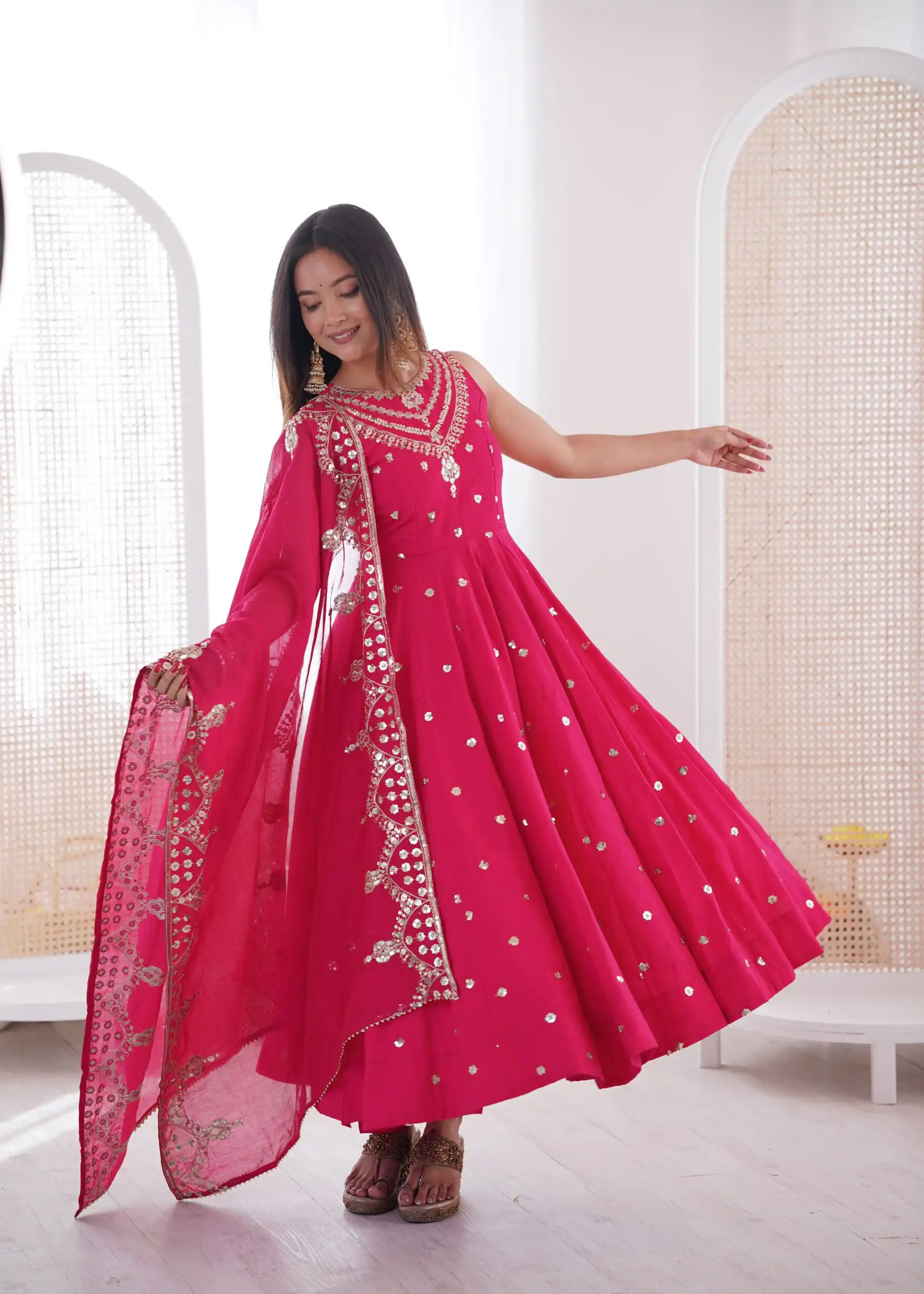 JF 038 Rani Pink Roman Silk Gown with Embroidery Work. Wedding, Party, Events, Navratri, Exclusive Offer ₹2149. Delivery 4-6 Working Days. Shop now. | Gowns, Bollywood Gowns, Creative Gowns, Designer Gowns, Embroidered Gowns, Party Wear Gowns